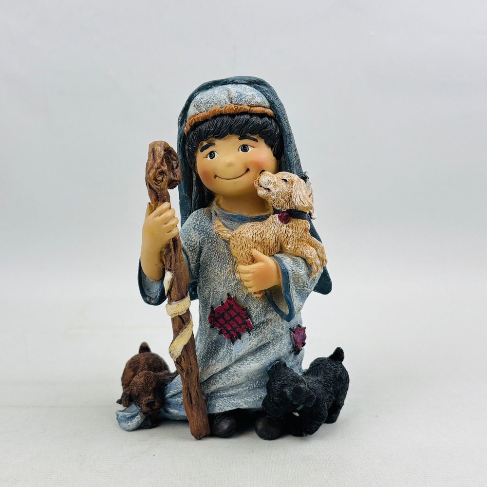 Button Jar Kids Christmas Pageant Figure Shepherd Boy Puppies Sandy Tuzinski